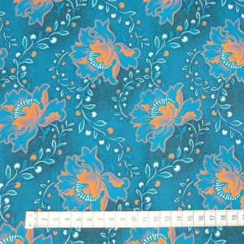 Preview: BLUE ORANGE FLOWER Afrikanischer-Shweshwe-Stoff-