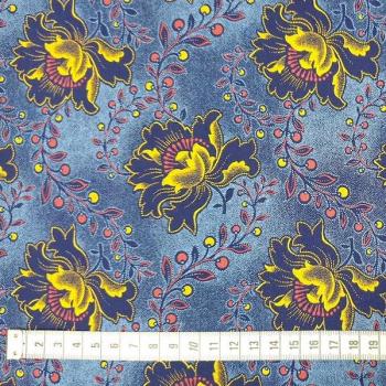 Preview: BLUE YELLOW FLOWER Afrikanischer-Shweshwe-Stoff-