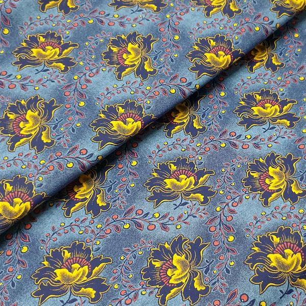 BLUE YELLOW FLOWER Afrikanischer-Shweshwe-Stoff-