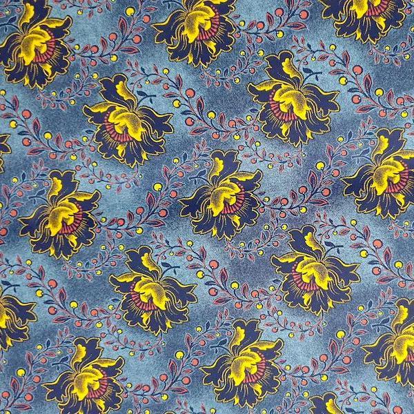 BLUE YELLOW FLOWER Afrikanischer-Shweshwe-Stoff-