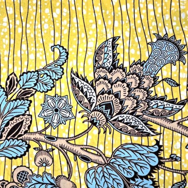 Afrikanischer Wax Print Stoff Baumwolle BLUE YELLOW ORIENTAL FLOWERS | Meterware